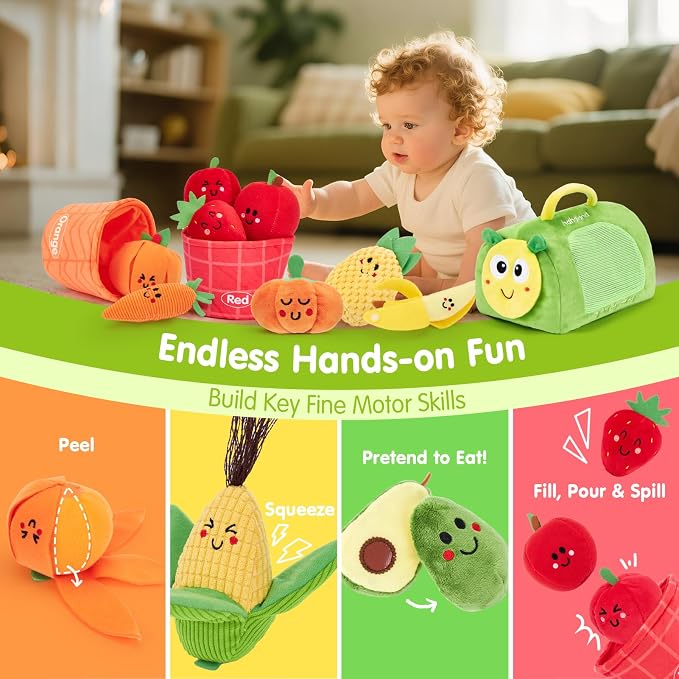 hahaland Montessori Toys for 1 Year Old - Baby Fruit Vegetable 6-12 Months | 17 PCs Sensory Toys Color Sorting Plush Play Food with Caterpillar Bag, 9 10 12 Month Old Toy 1st One Year Old Birthday Gifts