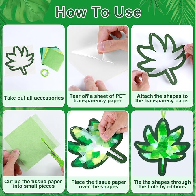 Qyeahkj 36 Set Palm Sunday Suncatchers Crafts for DIY Easter Palm Leaves Window Tissue Paper Crafts Kit Green Leaf Hanging Decor for Spring Home Activity Art Project Party Favor Gift