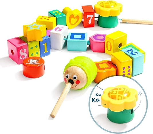 TOP BRIGHT Wooden Lacing Beads, Montessori Fine Motor Toys for Toddlers 1-3