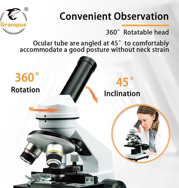 Grampus Achromatic Compound Minocular Microscope 40X-2000X, Dual LED Illumination, 10 Prepared Slides, 100 Cover Slips and Experiment Kit Offered for Kids Students Adults and Children