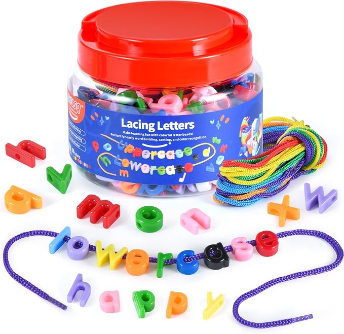 278 Pcs Lacing Letters Beads, 10 Color Alphabet Letter Beads Learning Toys with 18 Laces, Lowercase ABC Bead Letters Toys for Kids Ages 3+, Home Manipulatives for Preschoolers, Back to School Supplies