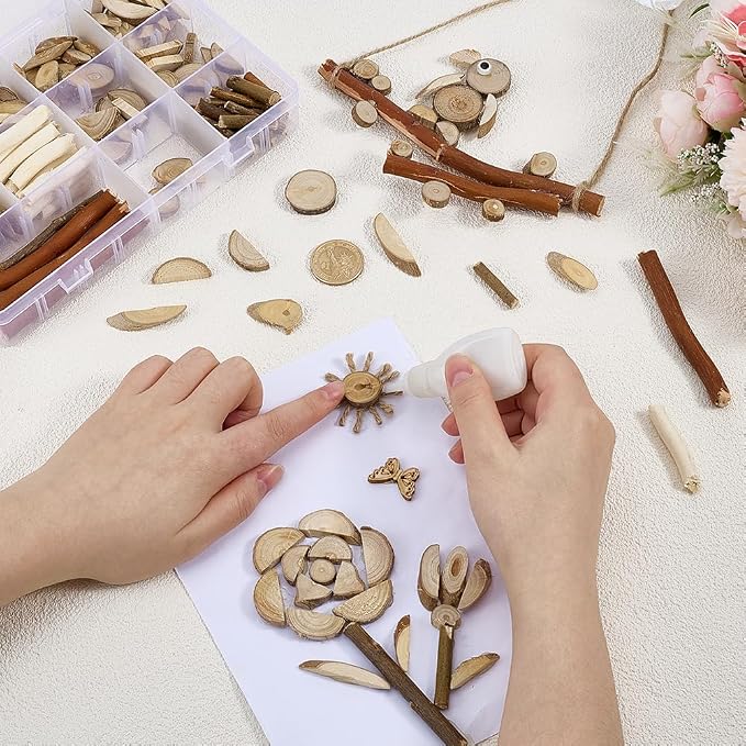 PH PandaHall Wooden Unfinished Craft Kits, Handmade DIY Wood Stakes Kits Natural Wood Slices Loose Part Play DIY Tiny Wood Pieces Kit for Craft Painting Dollhouse Sorting Activities School Projects
