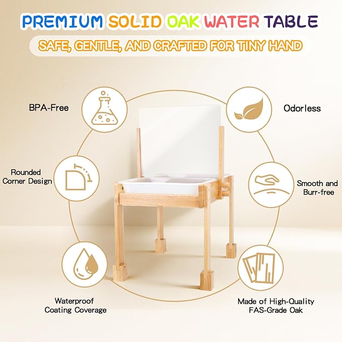 Sand and Water Table for Toddlers, Wooden Activity Sensory Table | Kid Outdoor Toys with Painting PS Board, 2 Collapsible Bins, Beach Accessories, 4 Washable Paint Crayons and Waterproof Cover