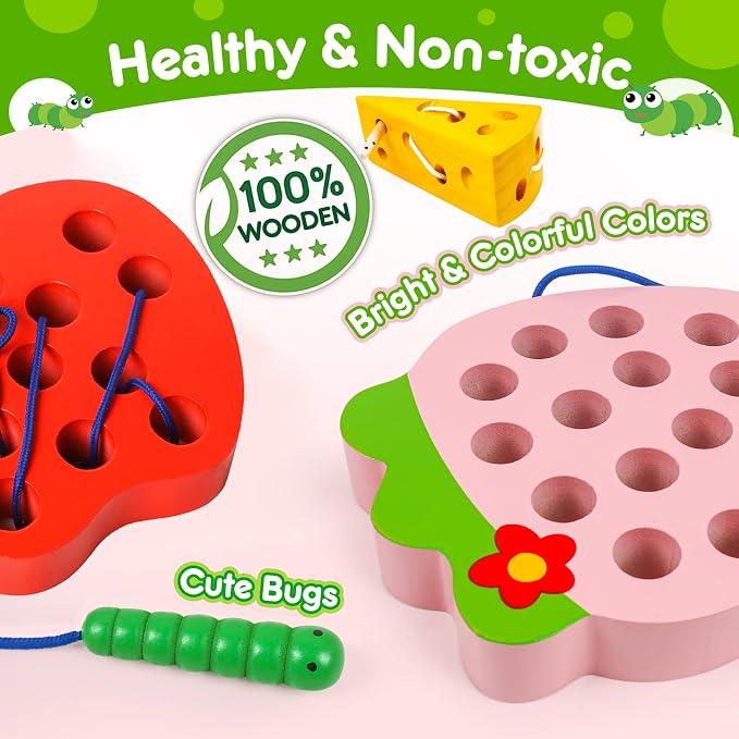 Wooden Lacing Toys for Kids,Car Plane Travel Toys Games Toys Montessori Educational Learning Fine Motor Skills for Boys Girls Ages 3+(3 Pack Threading Toys)