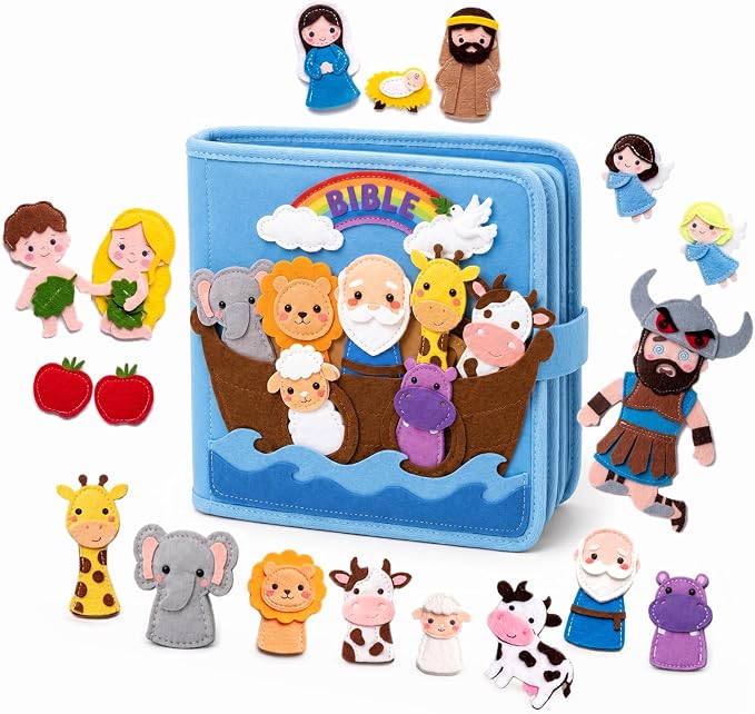 Bible Quiet Book, Felt Busy Book for Toddlers 1-3, Baptism Gifts | 7 Bible stories, Noah's Ark, Montessori toys, sensory play, soft felt pages, church toy, toddler travel toy, christening gift
