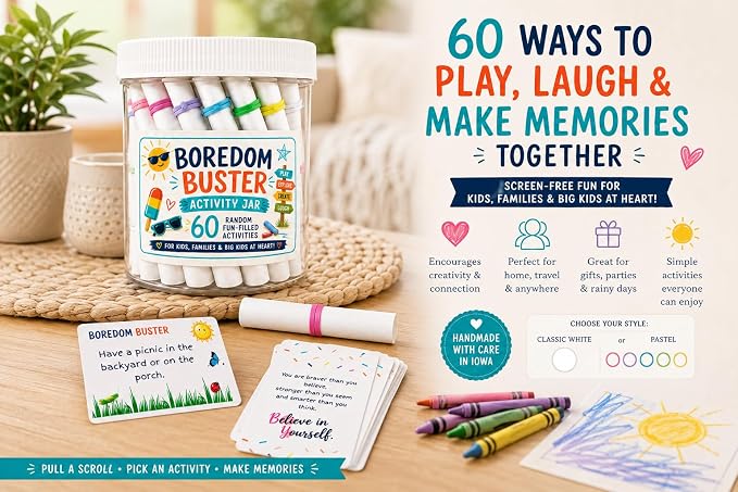 Boredom Buster Activity Jar with 60 Screen-Free Kids Activities | Family Activities, 60 Activities, Screen-Free Fun, Kids & Families, Activity Jar