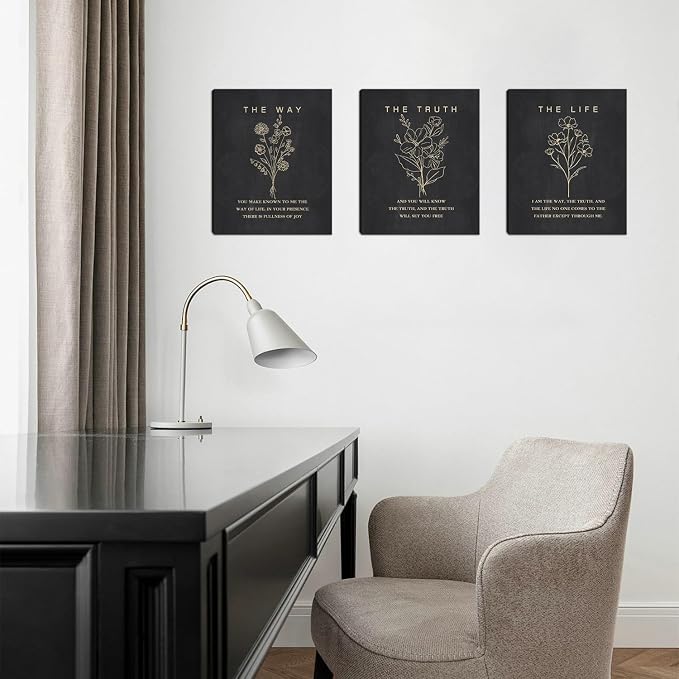 HOURIA Framed Boho Floral Christian Bible Verse Canvas Wall Art Set,12”*16”Inch The Way The Truth The Life Scriptures Poster Black Minimalist Botanical Flower Bible Wall Decor for Living Room Bedroom