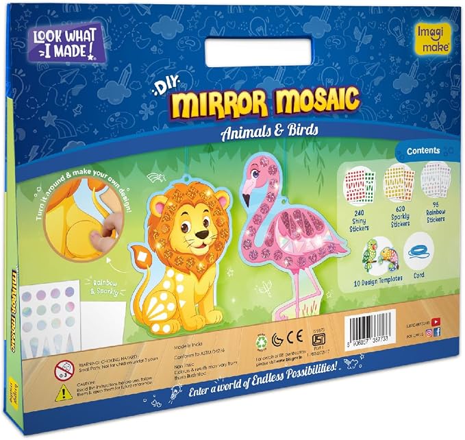 Imagimake Mirror Mosaic - Animals & Birds, 10 Templates, 950+ Stickers | Mess-Free Craft Activity, Screen-Free Creative Art Kit for Kids, Birthday Gift for Boys & Girls Ages 3,4,5,6,7 Years Old