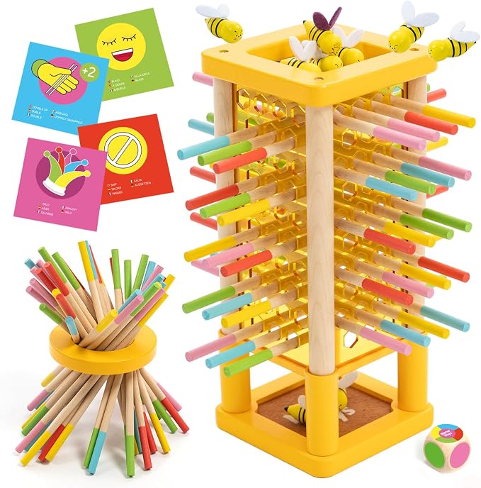 Nene Toys BeeFall Wooden Tower Game for Kids 3+ – 4-in-1 Stick Drop Bee Game with Dice & Action Cards, Rainbow Sticks Ring – Montessori Board Game for Family Game Night, Fine Motor Skills
