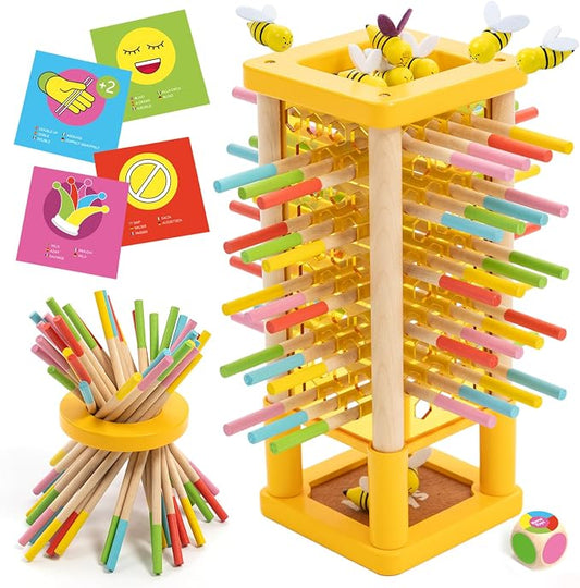 Nene Toys BeeFall Wooden Tower Game for Kids 3+ – 4-in-1 Stick Drop Bee Game with Dice & Action Cards, Rainbow Sticks Ring – Montessori Board Game for Family Game Night, Fine Motor Skills
