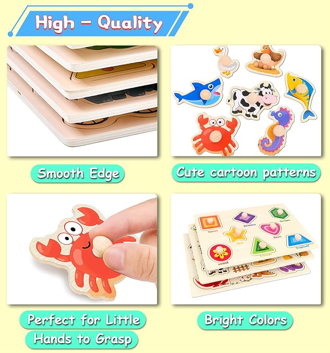 Wooden Peg Puzzles for Toddlers,Montessori Toddler Jigsaw for Child,Fine Motor Skill Learning Puzzle Toys for Baby Boys Girls Gifts-6 Pcs Shape,Farm,Sea Animal,Dinosaurs,Fruits,Animal