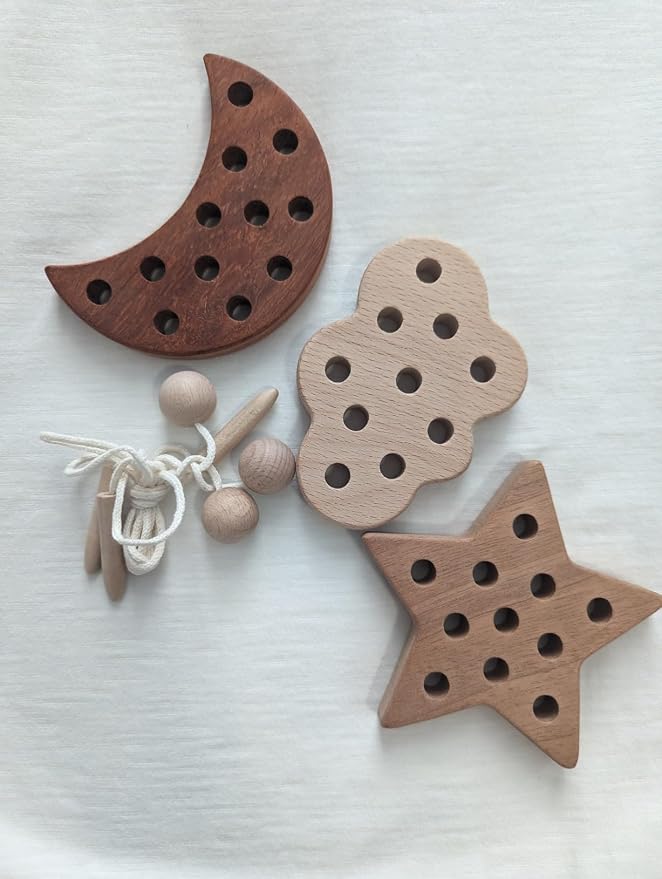3 Pack Wooden Lacing Threading Toys for Toddlers 1-3 Solid Wood Threading Activity Puzzles, Moon/Stars/Cloud Quiet Toddler Toys for Airplane Travel Fine Motor Skills Sensory Toys