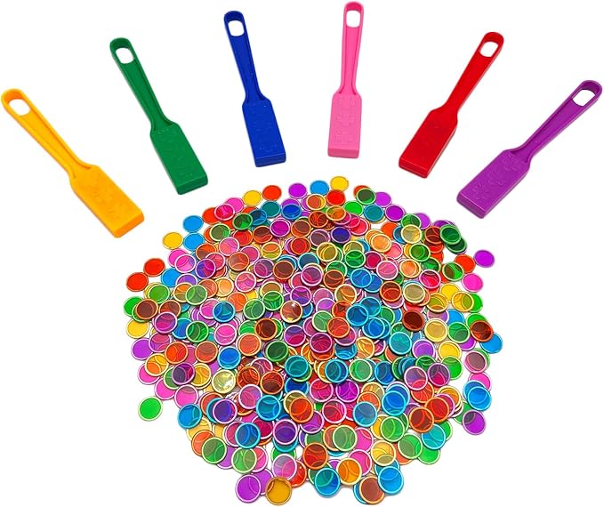 JUNWRROW Magnetic Bingo Wand with Chips,6-Pack& 600 Metal Chips, 6 Color Metal Chips-for Large Group Games,Family Game Night, Sensory Bins,Counting and Sorting,Science& Educational Activities