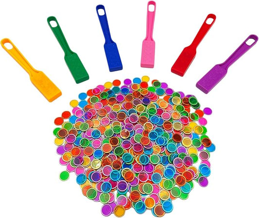 JUNWRROW Magnetic Bingo Wand with Chips,6-Pack& 600 Metal Chips, 6 Color Metal Chips-for Large Group Games,Family Game Night, Sensory Bins,Counting and Sorting,Science& Educational Activities