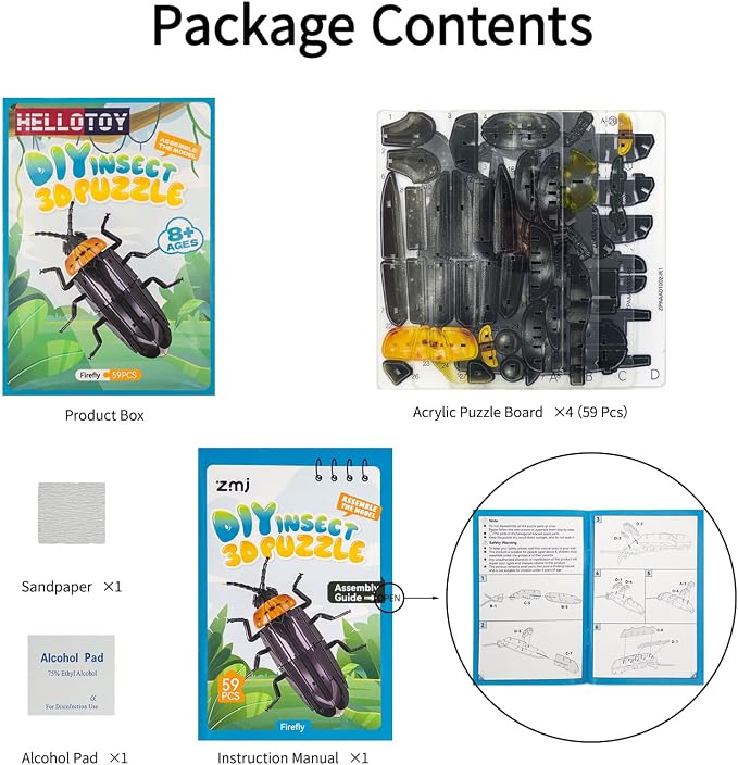 3D Acrylic Insect Puzzle DIY Bug Model Kit Animal STEM Gift | Building Kits Crafts Figurine Sculpture Nature Decoration Educational Display Toys for Kids Teens and Adults (Firefly)