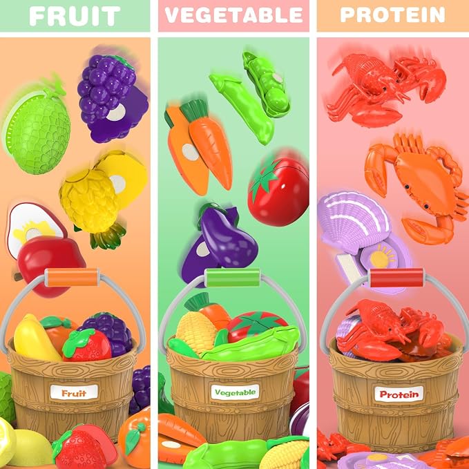 Play Food Toys with with Shopping Storage Basket, Cutting Food Sorting Toy | Pretend Play Kitchen Accessories, Cutting Food Sorting Toy, Fake Fruits/Vegetables Set , Plastic Board and Knife, Birthday