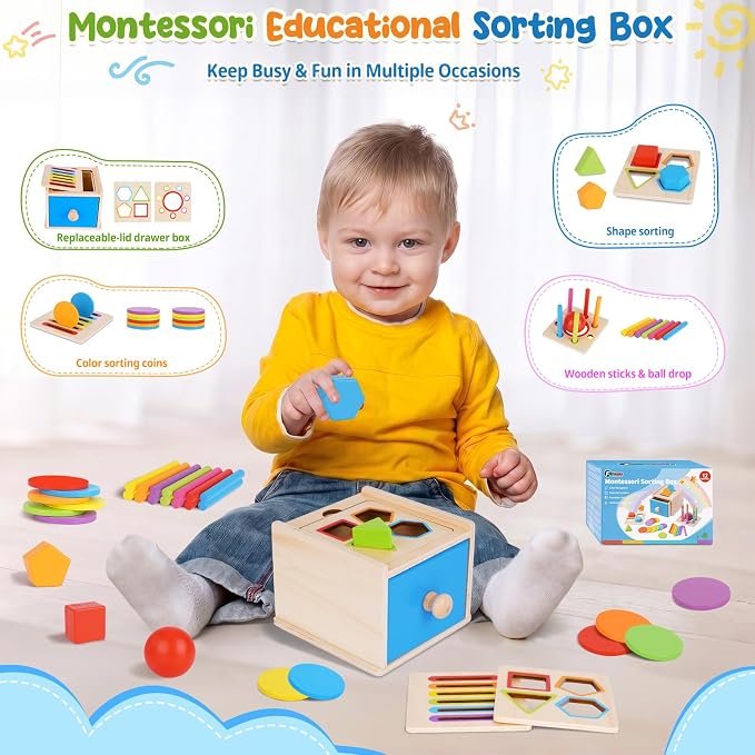 FCSONU Montessori Shape Sorters Toys for Toddler 1-3|Fine Motor Skills Toys | 3in1 Sorting Box | Coin Box Toy, Learning Color Sorting Toys Sensory Toys, Easter Christmas Birthday Gifts for Boys Girls Kid