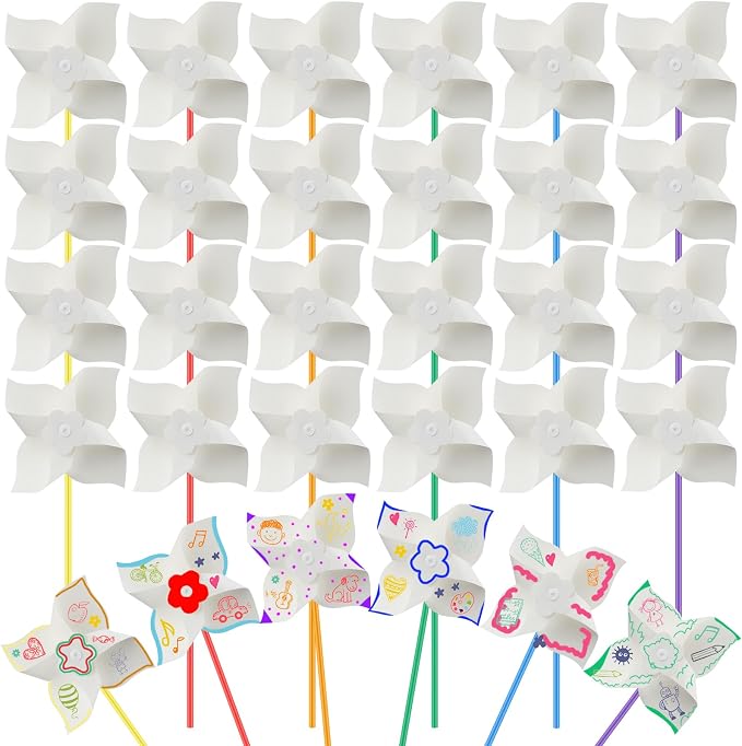 Poen 100 Pcs DIY Pinwheels for Kids Bulk, Color Your Own Paper Pinwheels | Coloring Summer Craft Blank White Paper Windmill for School Art Group Activities Sunday School Party Favor Supplies, 5 Inches