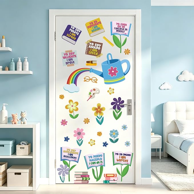 LHIUEM Positive Self-Affirmations Wall Sticker Boho Flower Book Wall Decal | Inspirational Quote Window Clings Colorful Mental Health Therapy Decoration Bulletin Board Vinyl Sticker for Classroom