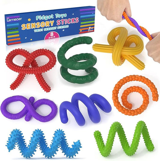Tactile Sensory Toys Autism, 8PCS Stress Fidget Toys for Anxiety Relief | 8 Colors and 8 Textures, Stretchy Noodles for Classroom Travel