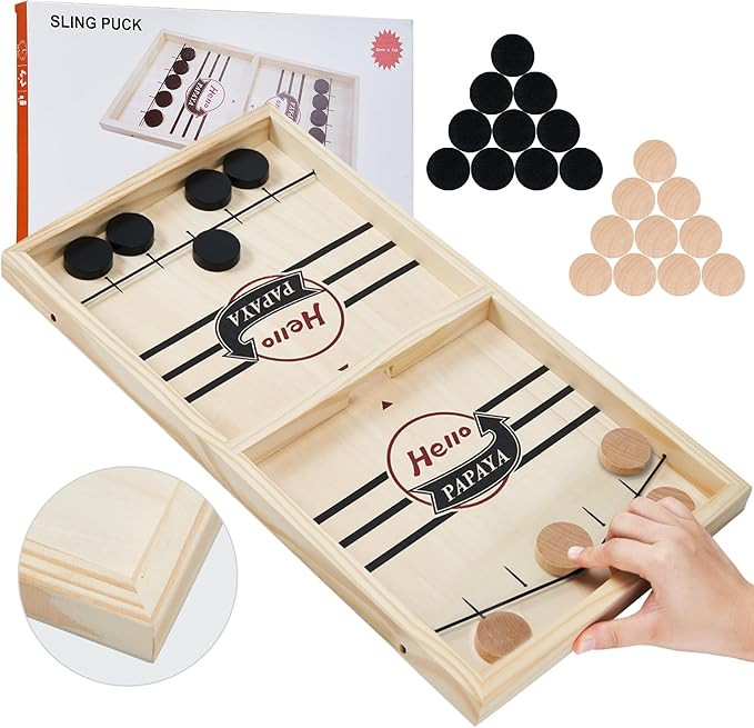 HELLO PAPAYA Fast Sling Puck Game - Test Your Speed and Accuracy with This Fast-Paced Wooden Air Hockey Desktop Battle Board Game - Guaranteed Fun Gifts for Family Night or Friends Party