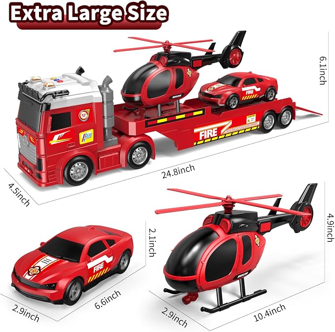 Boys Fire Truck Toy, 25" Large Friction Semi Truck with Helicopter & Race Car, Lights & Sounds, Suitable for Ages 3-8