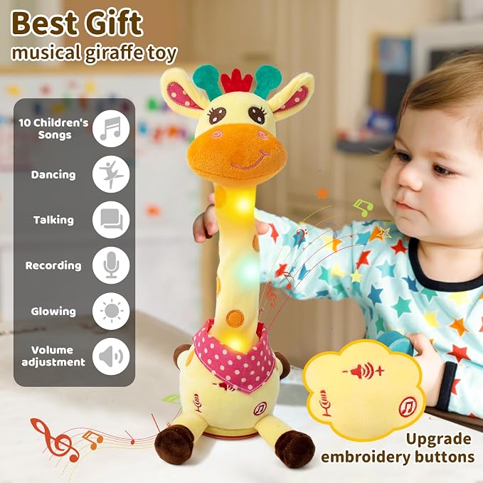 Emoin Dancing Talking Giraffe Baby Toy | Adjustable Volume Singing 10 Children's Songs, Mimicking Recording Repeating What You Say for Toddlers