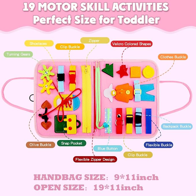 Busy Board Montessori Toy for 3-6 Year Old Toddlers - Educational Activity Developing Sensory Board for Basic Dress Fine Motor Skills - Travel Toys for Plane Car, Gift for Boys Girls