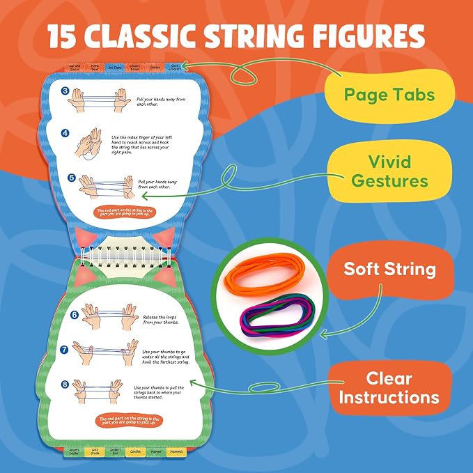 Kasfalci Cats Cradle Rainbow String Game Kit - Teen Girl Gifts for 6-8-12 Year Old Boys Girls - Road Trip & Travel Toys for Kids - Classic Finger Game with 2 Strings