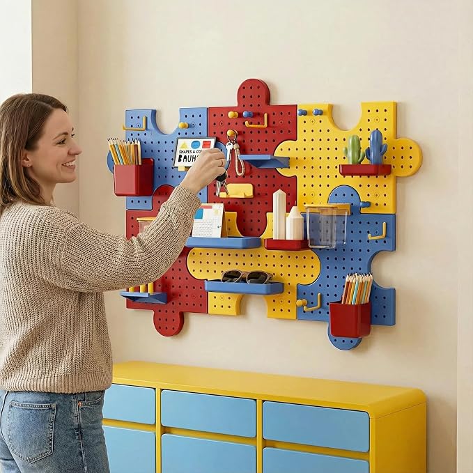 Pegboard Wall Organizer, Puzzle Modular Plastic Storage System with Hooks Shelves Boxes, Colorful Red Yellow Blue, 33.1 x 9.4 Inches, Wall Decor for Entryway Home Office Kids Room Craft Area