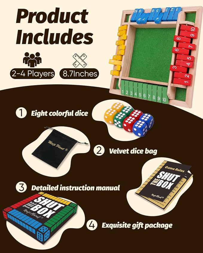 Classic Original Shut The Box Game Wooden Math Dice Board Game 2-4 Players | Table Games for Family Night Classroom Travel, Gifts for Group Kid Adult Senior, Camp Party Bar, Easy Quick and Fun