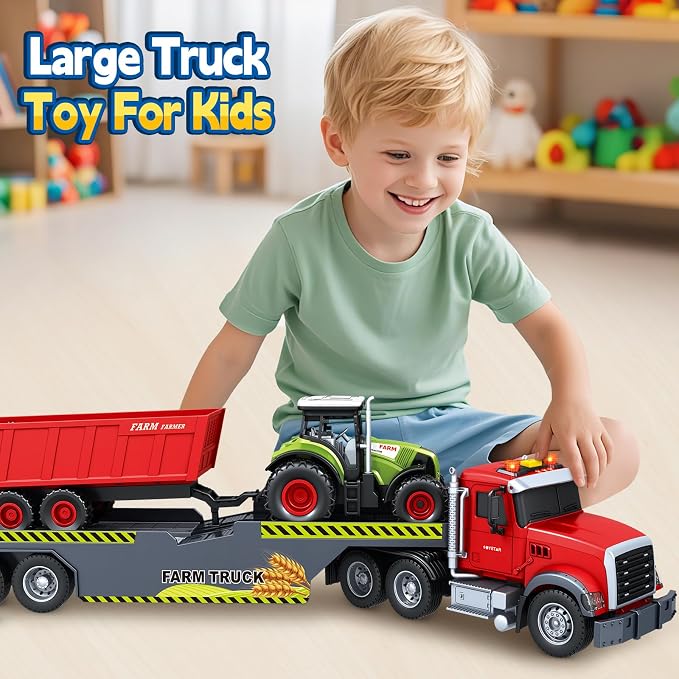 Bstoyder Toddler Boy Toys for 3 4 5 6 7 Years Kids, 21" Semi Flatbed Truck Toy with a Farm Truck, Friction Powered Vehicles Toys with Lights and Sounds, Birthday for Boy Girls
