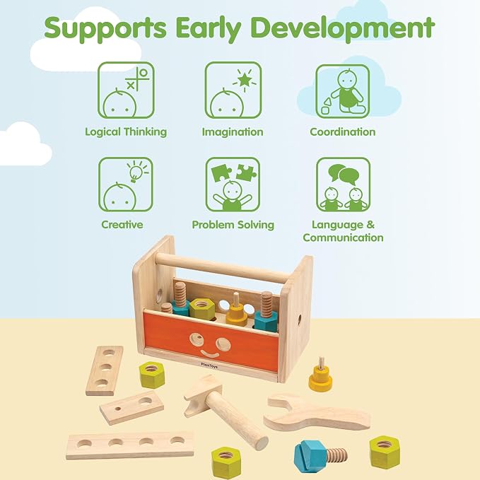 PlanToys Wooden Transforming Robot Tool Box with Wrench, Nuts & Bolts, Wooden Planks, and Shapes| Sustainably Made from Rubberwood and Non-Toxic Paints and Dyes | hammer, wrench, screwdriver, kids tool set, girls, boys, fine motor problem solving imagi...
