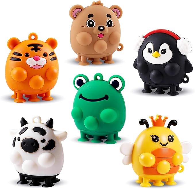 ChildFun 6 PCS Animal Suction Popper Sensory Toys, Travel Toys for Airplane & Car Activities, Silicone Pop Fidget Toys for Kids, Birthday Gifts for Girls & Boys