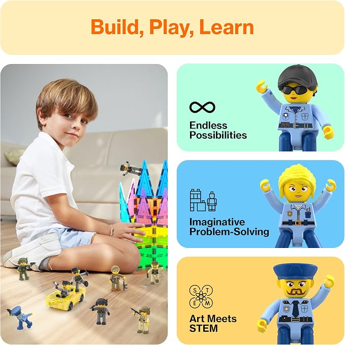 Picasso Toys Magnetic Action Figures Character Law Enforcement for Construction Building Block Tiles Toy Set Magnet Expansion Variety Pack Educational STEM Learning Kit Pretend Playset PTA12