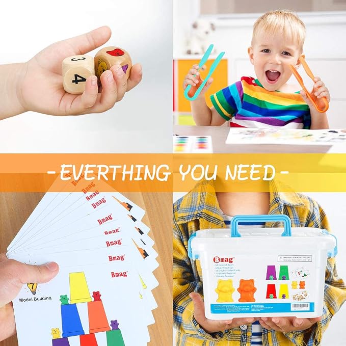 Bmag Counting Bears with Matching Sorting Cups,Pre-School Math Learning Games with 2 Dices,Color Recognition STEM Educational Toy for Toddler Bonus Tweezers, Storage Box, Activity Cards