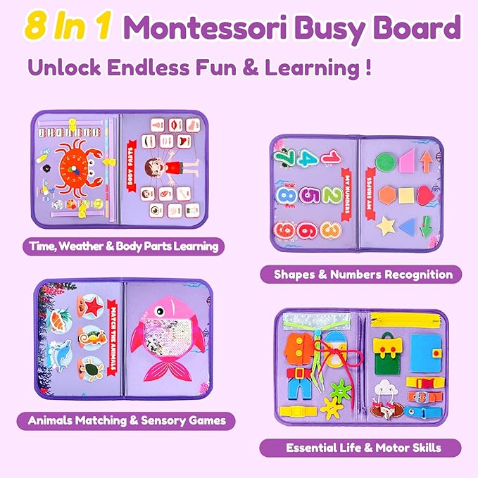 Montessori Busy Board Book for Toddlers, Mermaid Sensory Learning Toy for Girls, Educational Fine Motor Skills Toy, Travel Busy Board for Car & Airplane