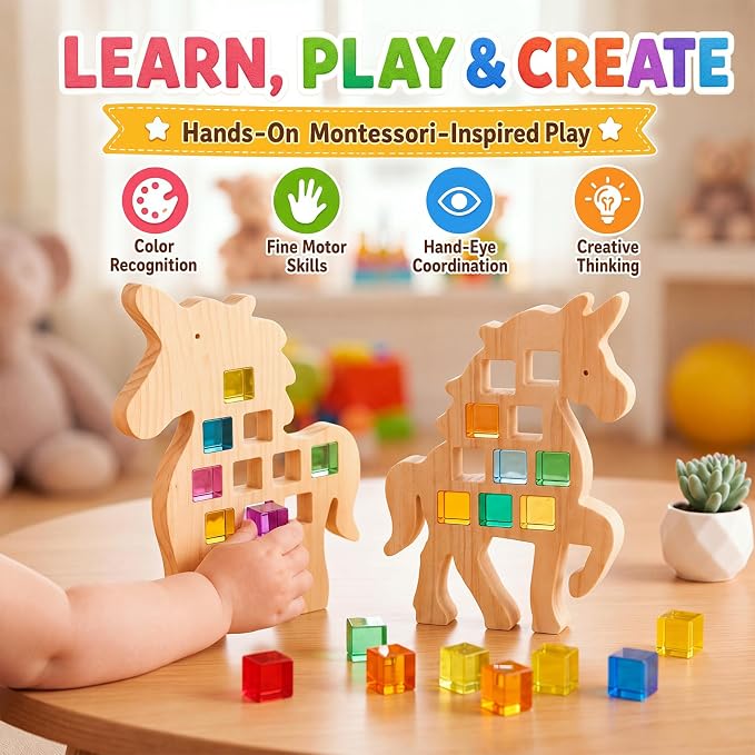 Soulchen Kids Wooden Building Block Set, 20 Rainbow Gem Cube Stacking Blocks - 2 Unicorn Skeletons, Montessori Toddler Stacking Toy, Learning Educational Toy Sensory Gift for Boys Girls