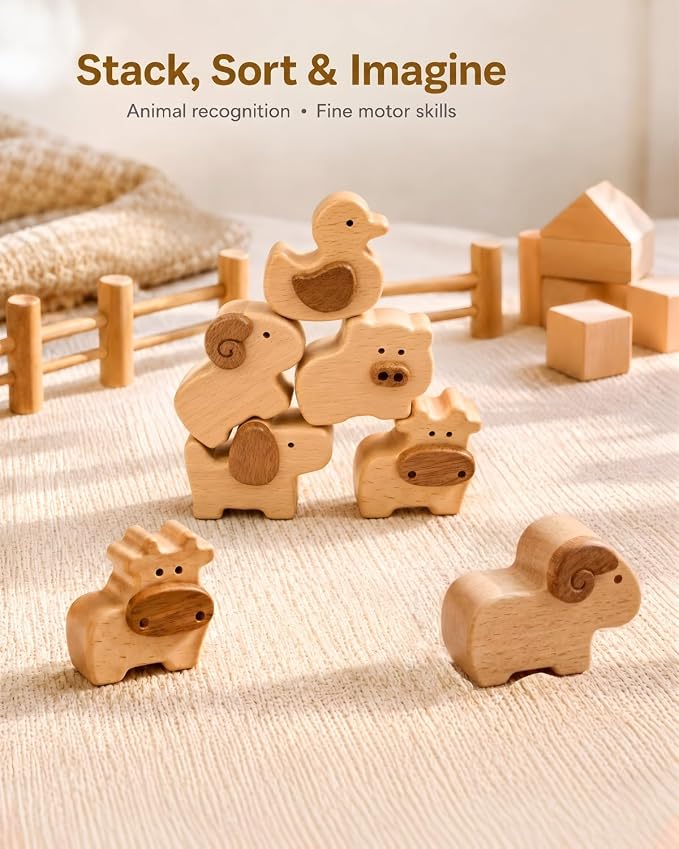 5-Piece Wooden Farm Animal Blocks for Toddlers 1-3 | Solid Beech & Sapele, Montessori Stacking Toys, 2cm Thick Choke-Safe, Birthday Gifts