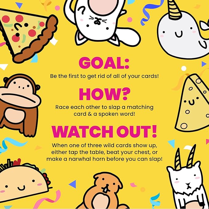 Taco Cat Goat Cheese Pizza Card Game by Taco Cat Games, Age 7+, 2-8 Players | 10 min rounds, Slap pile when word matches card, Action cards add twists, Builds reflexes, Fun for all ages