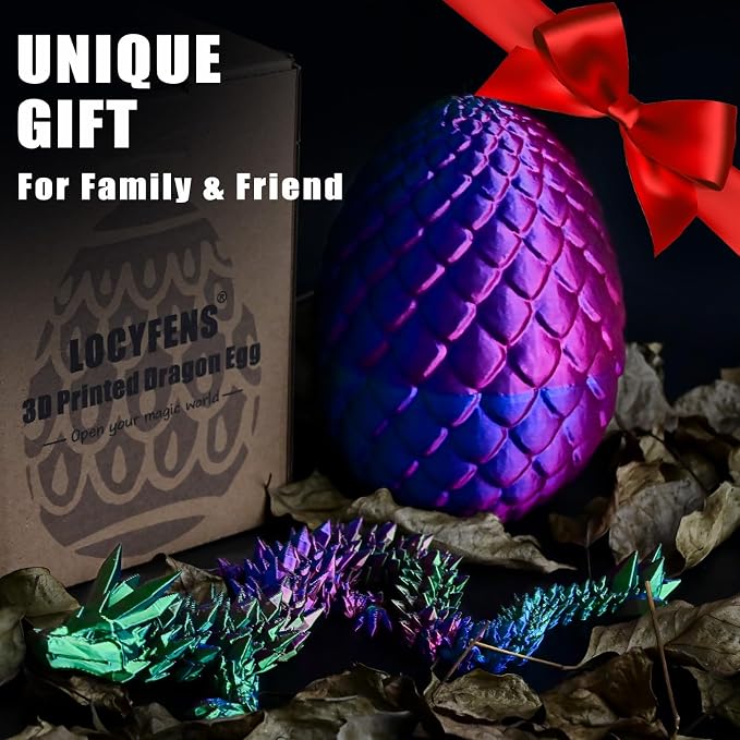 12" 3D Printed Dragon Eggs with Dragon, Articulated 3D Fidget Toys for Kids | Crystal 3D Dragon Toys for Boys Girls, 3d Printed Animals, Dino Dinosaur Eggs Toys, Easter Basket Stuffers（Red Green Blue）