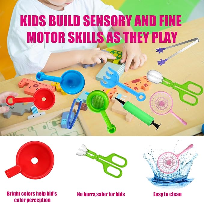 12 Pcs Sensory Bin Filler,Sensory Bin Tools, Fine Motor Skills Handy Scooper Set with 5 Scoops, Plastic Tweezers, Silicone Tongs, Beach Shovels, Air Pump, Scissors Clip