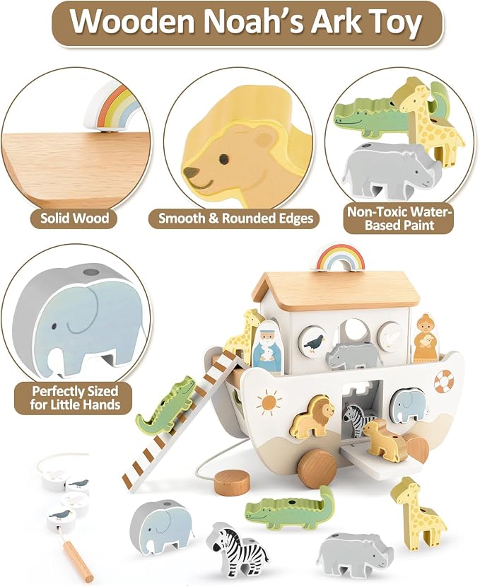 Wooden Noah's Ark Toy for Toddlers 1-3, Baptism Gift for Boys and Girls | Neutral Colors • Animal Shape Matching • Fine Motor Skills • Christian Faith Learning • Bible Story Learning