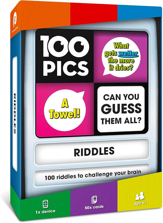 Riddles Travel Game - Guess 100 Riddles | Flash Cards with Slide Reveal Case | Card Game, Gift, Stocking Stuffer | Fun for Kids and Adults | Ages 6+