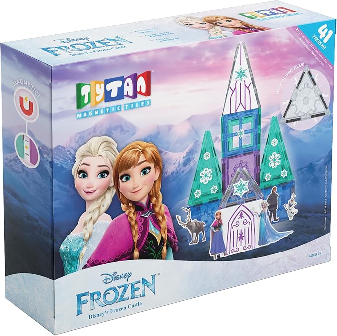 Tytan Toys Disney Frozen Magnetic Tiles Princess Castle - 41-Piece STEAM Building Set with Glitter Tiles & Elsa, Anna, Olaf Stickers - Educational Frozen Toys for Girls Age 3-4+