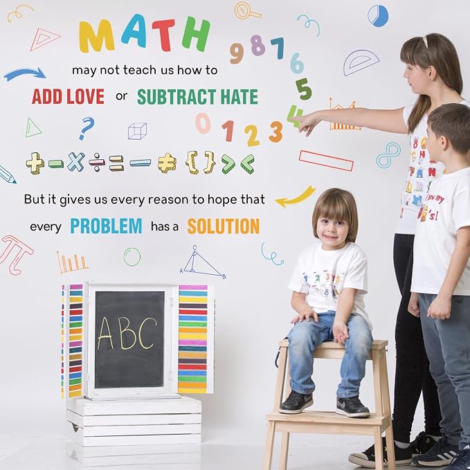 LHIUEM 2 Sheets Large Math Quotes Wall Decals,Inspirational Mathematics Wall Stickers,Big Geometry Symbols Stickers,Fun Math Decals Blue Orange Colors,Full Algebra Posters for School Classroom Nursery