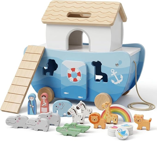 Wooden Noah’s Ark Toy for Toddlers 1-3, Montessori Animal Shape Sorter with 8 Pairs of Animals, Noah Figures, Rainbow, Ladder and Lacing Rope, Baptism Gift for Boys