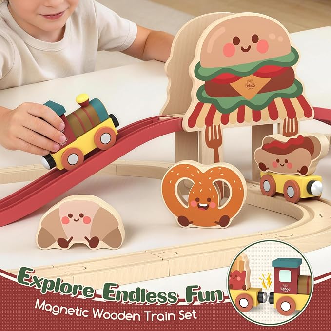 Lehoo Castle Wooden Train Set for Toddlers, Burger-Themed Train Track Set | Expandable Wooden Railway Playset, Compatible with Most Wooden Tracks, Birthday Gift for Boys & Girls Ages 3+