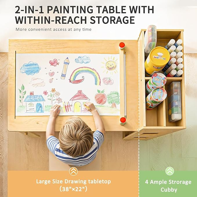 5-in-1 Kids Art Table and Chairs, Toddler Table and 2 Chairs Set FSC | Wooden Kids Craft Table with Storage Cabinet, Art Desk Activity Sensory Table with Paper Holder for Playroom Ages 2-12 Gifts