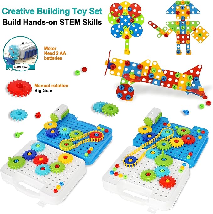 Gears toys for Kids Ages 4-8, STEM Educational Toys Gears Building Toy Set | 280PCS Electric drill toy; Engineering Building Blocks Learning Toy; Develop creativity & imagination; Gifts for Boys Girls